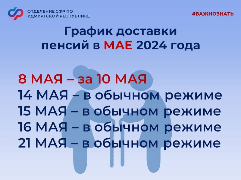 График выплат пенсий и пособий в мае изменен в связи  с праздничными днями.